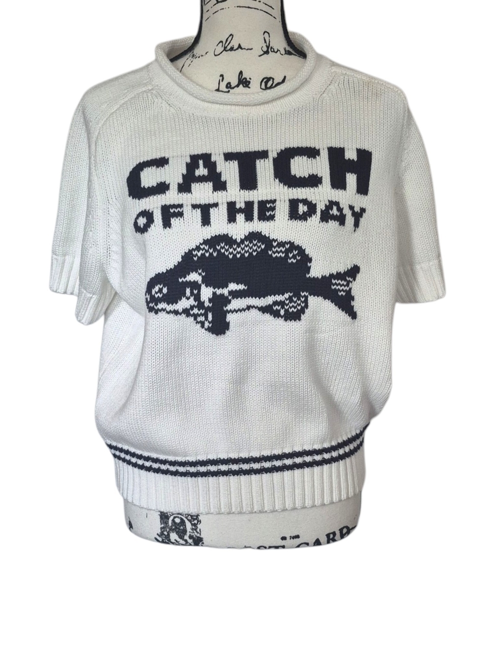 Catch of the Day Fish Sweater XL Cotton Coastal Fisherman Nautical Cabincore
